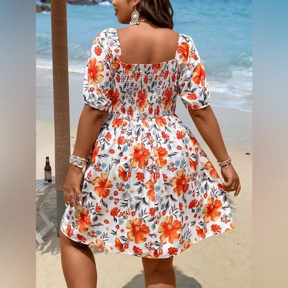 NWOT 3X Tropical Floral Puff Sleeve Dress - Picture 2 of 6